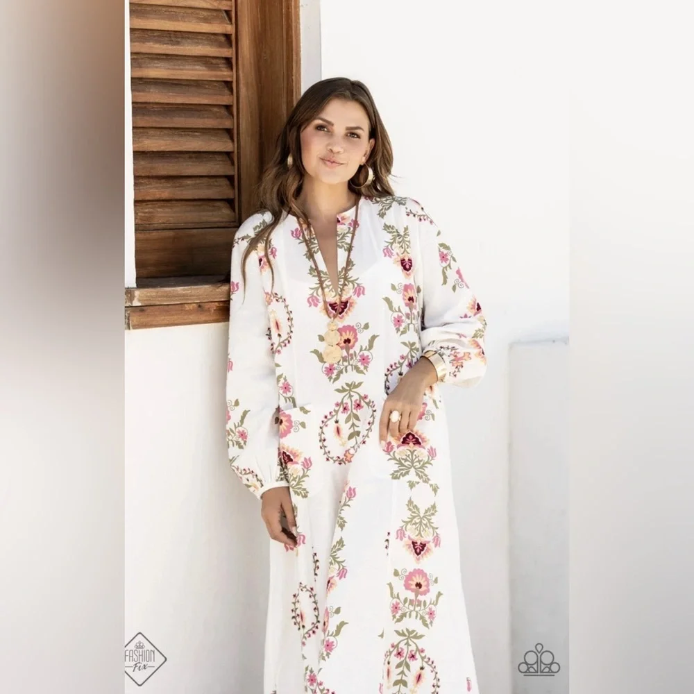 Zara Floral Kaftan Dress Print Midi Linen Cotton Blend XL - Picture 3 of 6